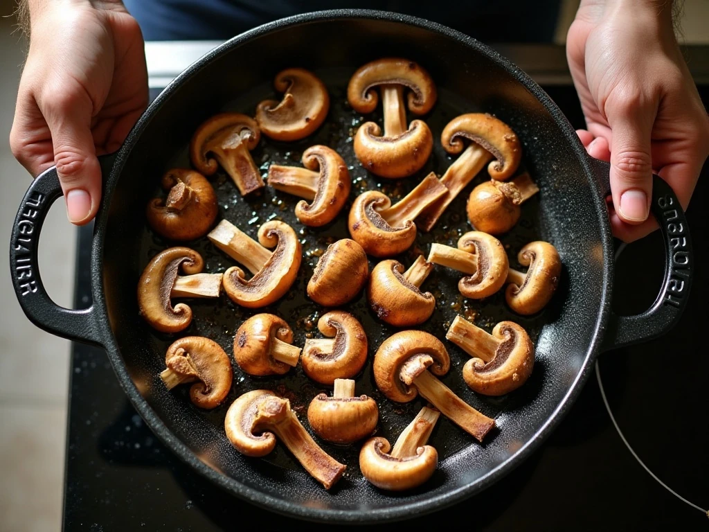 Mushrooms arranged in a skillet for proper browning