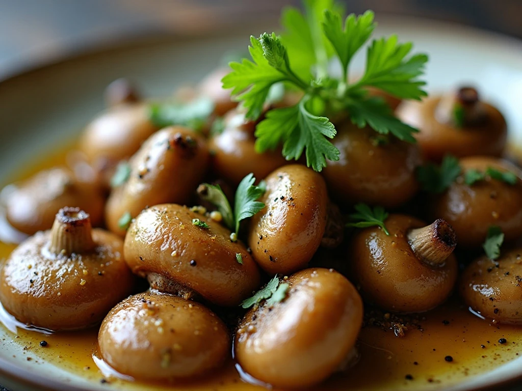 Close-up of garlic herb mushrooms finished with parsley and thyme