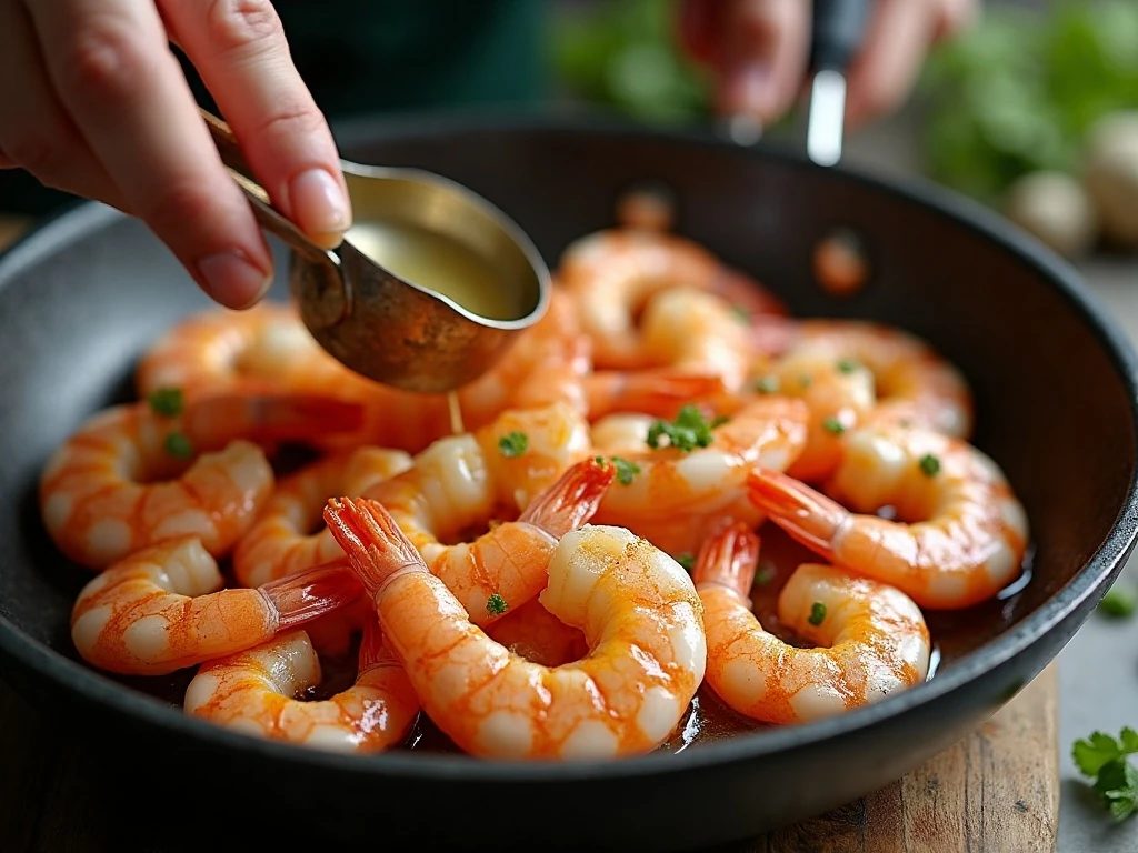 Turning shrimp once while cooking for a tender texture