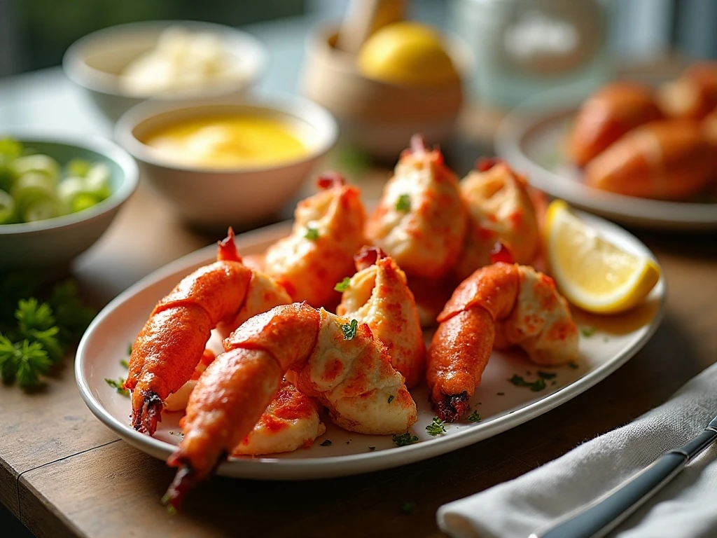 Garlic lemon butter crab legs served with lemon wedges and dipping sauce