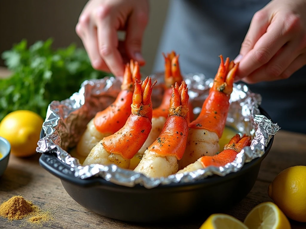Preparing crab legs with garlic lemon butter in a foil packet