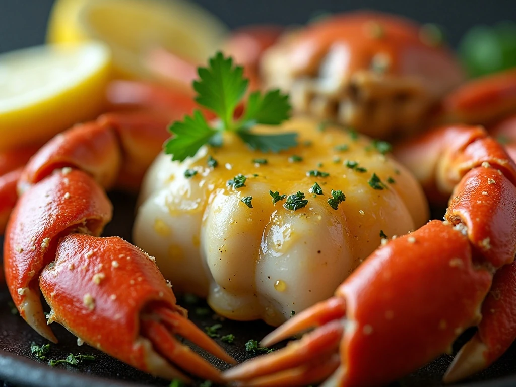 Tender crab meat with garlic butter and fresh parsley