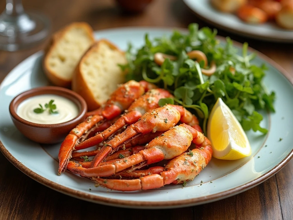 Garlic butter crab legs served with potatoes, salad, bread, and lemon