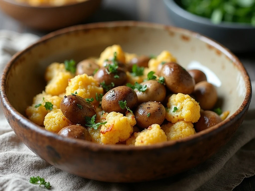 Garlic mushrooms and cauliflower skillet served as a quick vegetable dinner