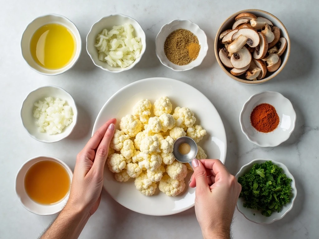 Ingredients for a 20-minute garlic mushrooms and cauliflower skillet