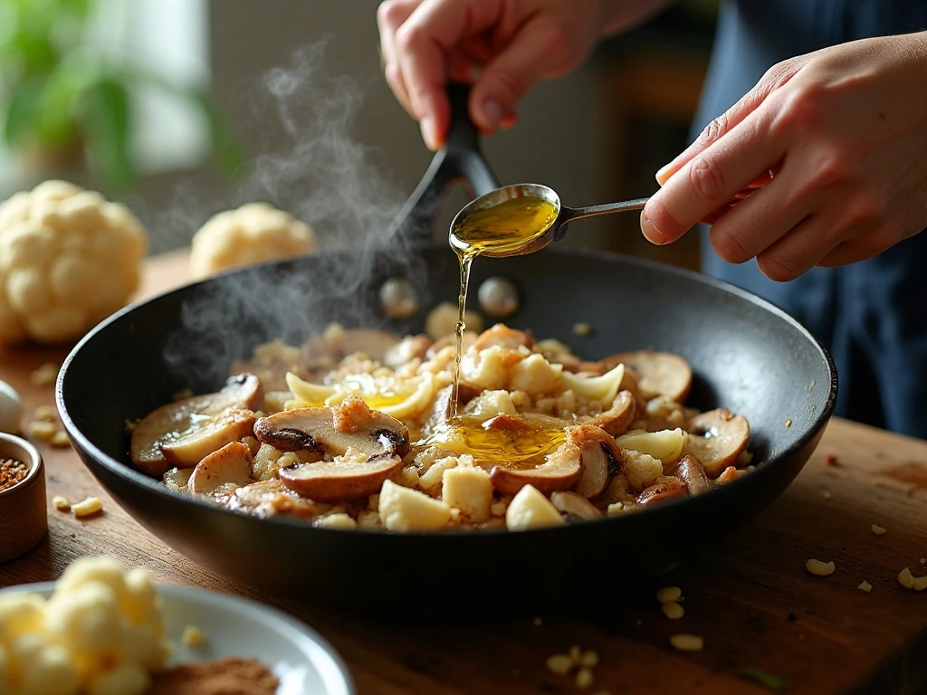 Mushrooms and onion cooking in a skillet before adding cauliflower