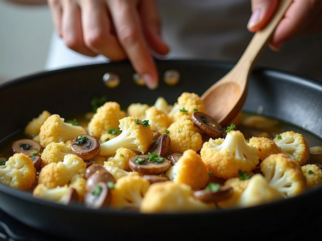 Crisp-tender cauliflower and browned mushrooms cooking in a large skillet