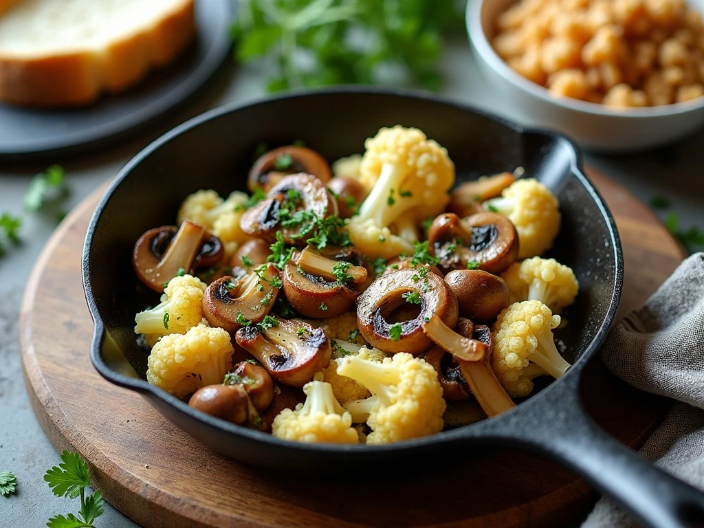 Garlic mushrooms and cauliflower served with bread and grains