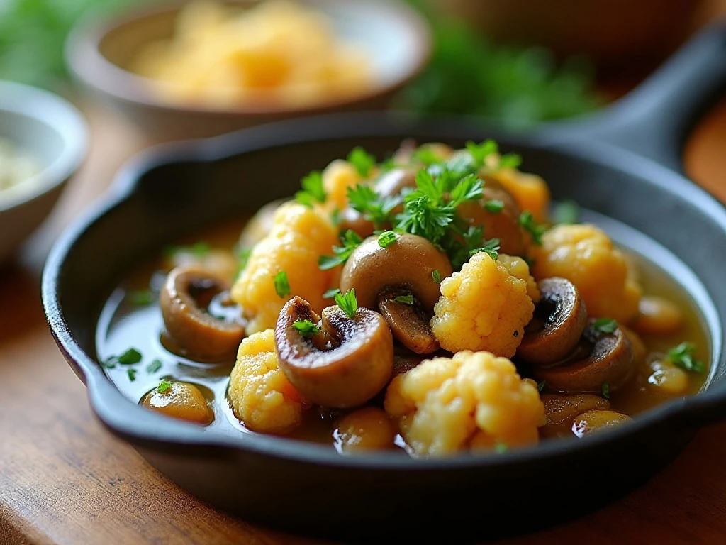 Reheated garlic mushrooms and cauliflower with fresh parsley