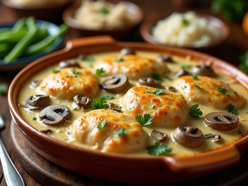 Creamy garlic mushroom chicken casserole with golden cheese and parsley