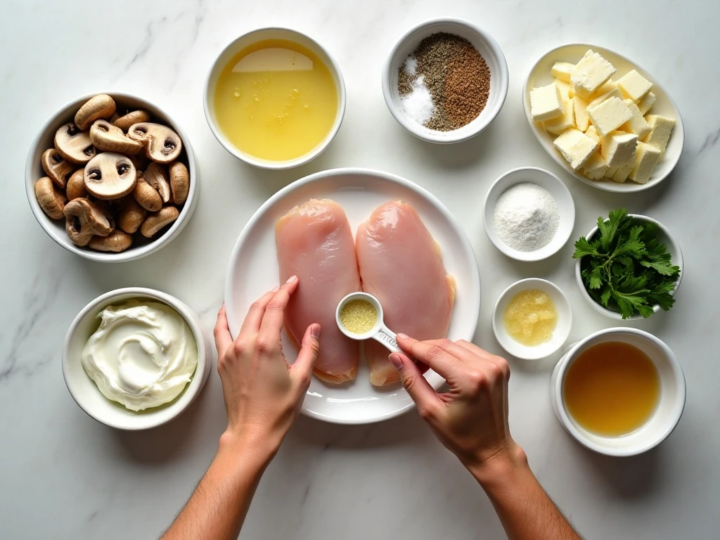 Ingredients for garlic mushroom chicken casserole arranged on a counter