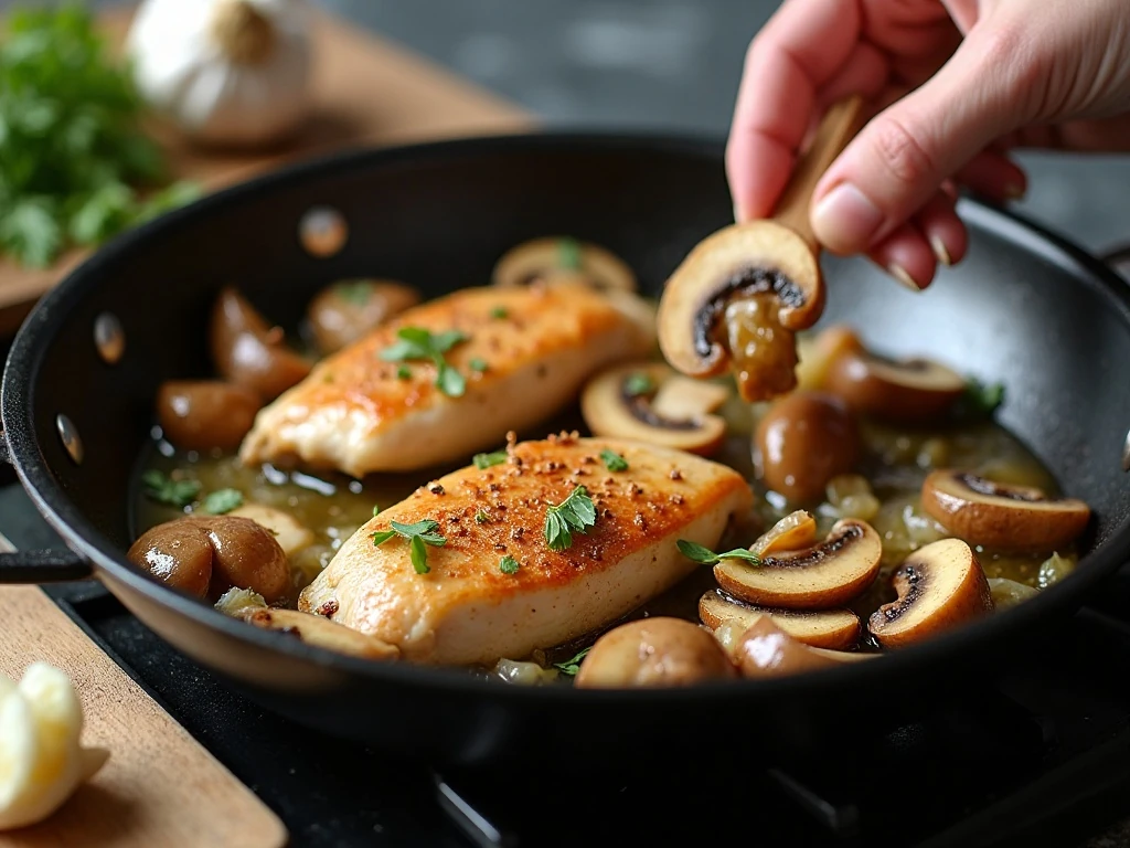 Chicken, mushrooms, and onions browning in a skillet for casserole