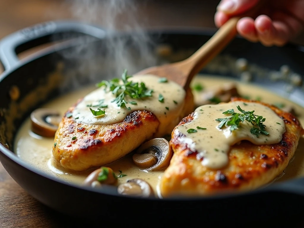 Creamy garlic mushroom sauce coating browned chicken