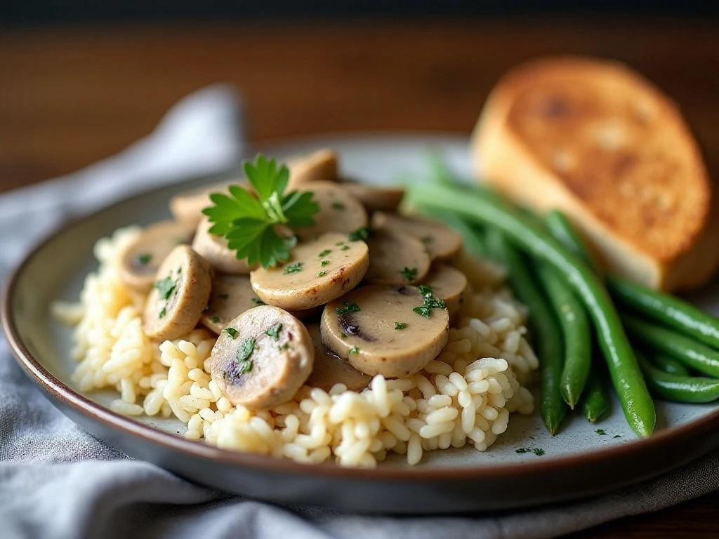 Garlic mushroom chicken casserole served with rice and green beans