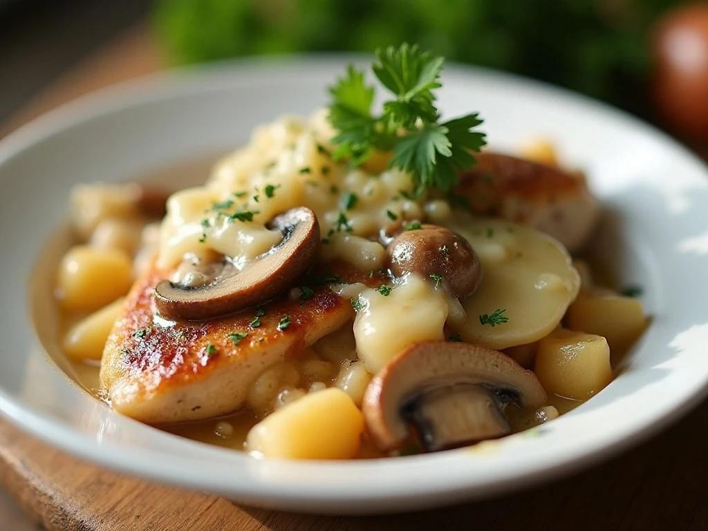 Close-up serving of reheated garlic mushroom chicken casserole with parsley