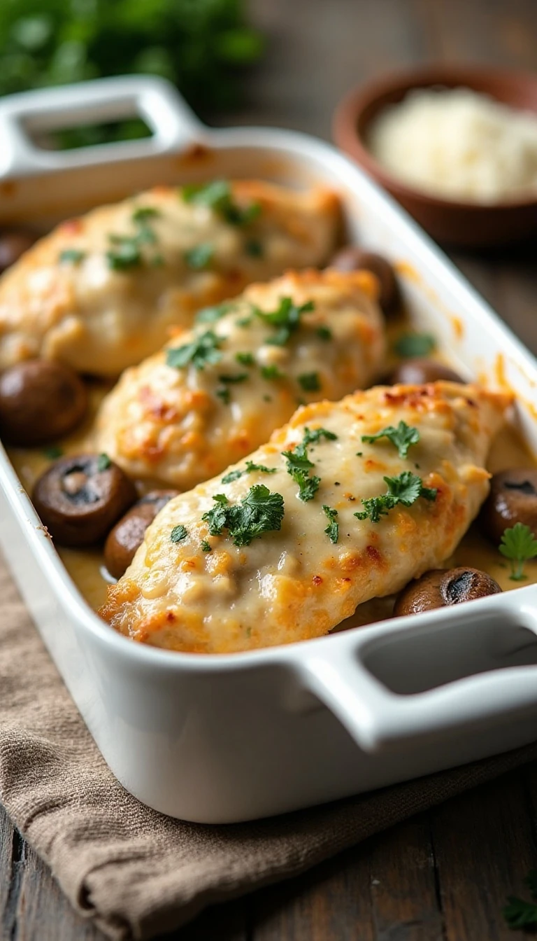Garlic Mushroom Chicken Casserole with Parmesan