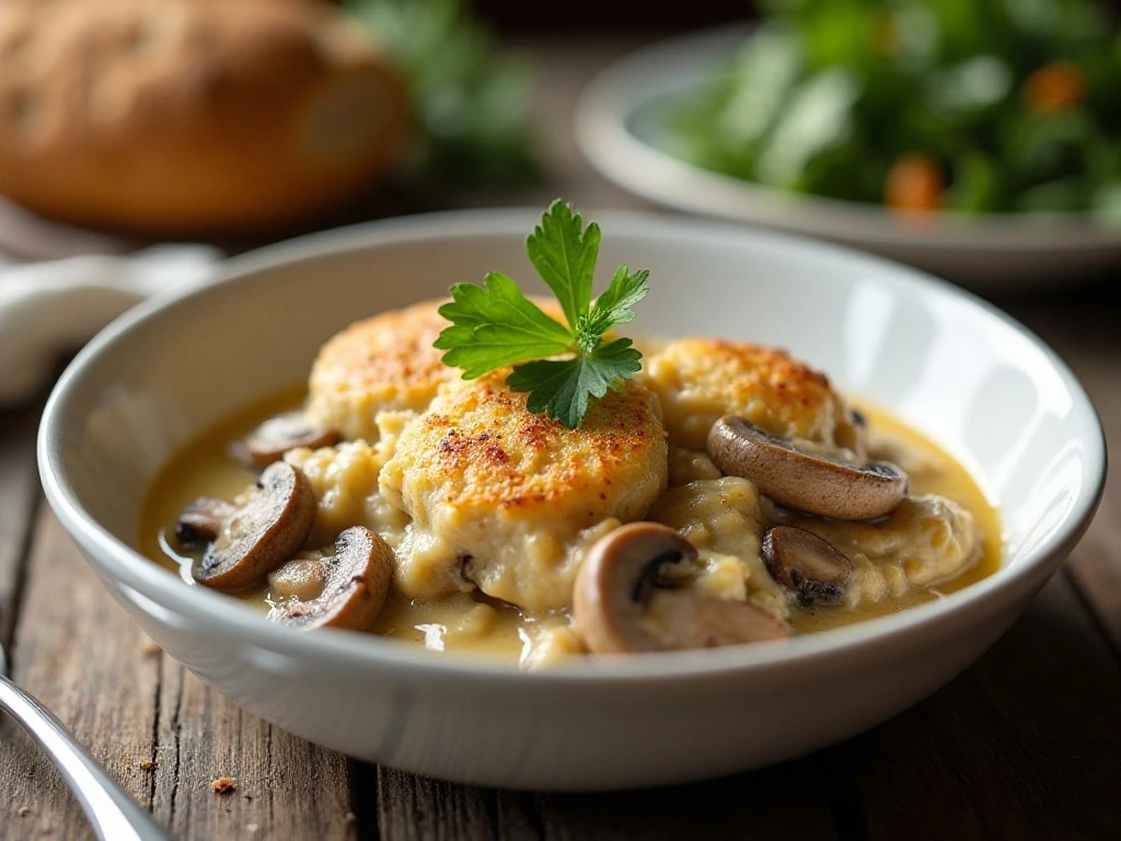 Creamy garlic mushroom chicken casserole with Parmesan served for dinner
