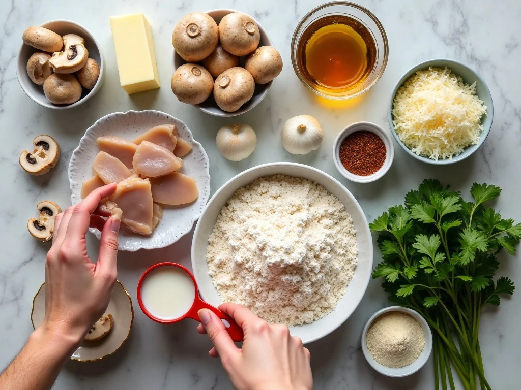 Ingredients for garlic mushroom chicken casserole with Parmesan
