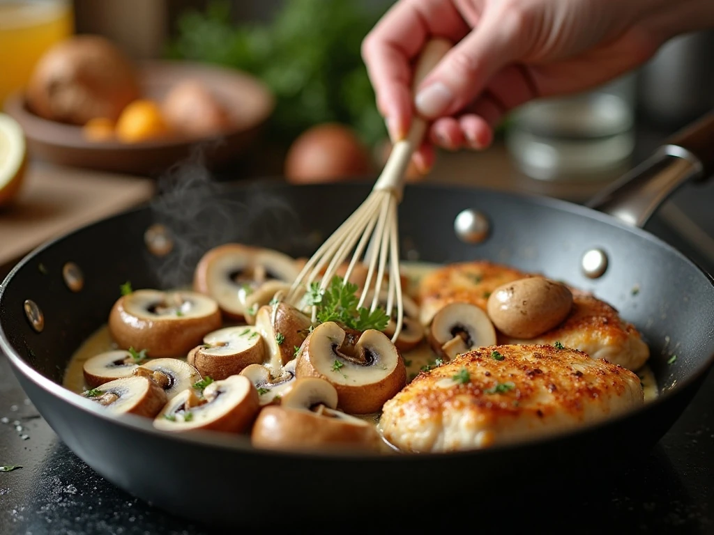 Browning mushrooms and preparing garlic Parmesan sauce for chicken casserole
