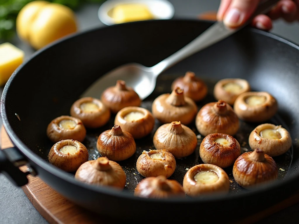 Mushrooms browning properly in a skillet for chicken casserole