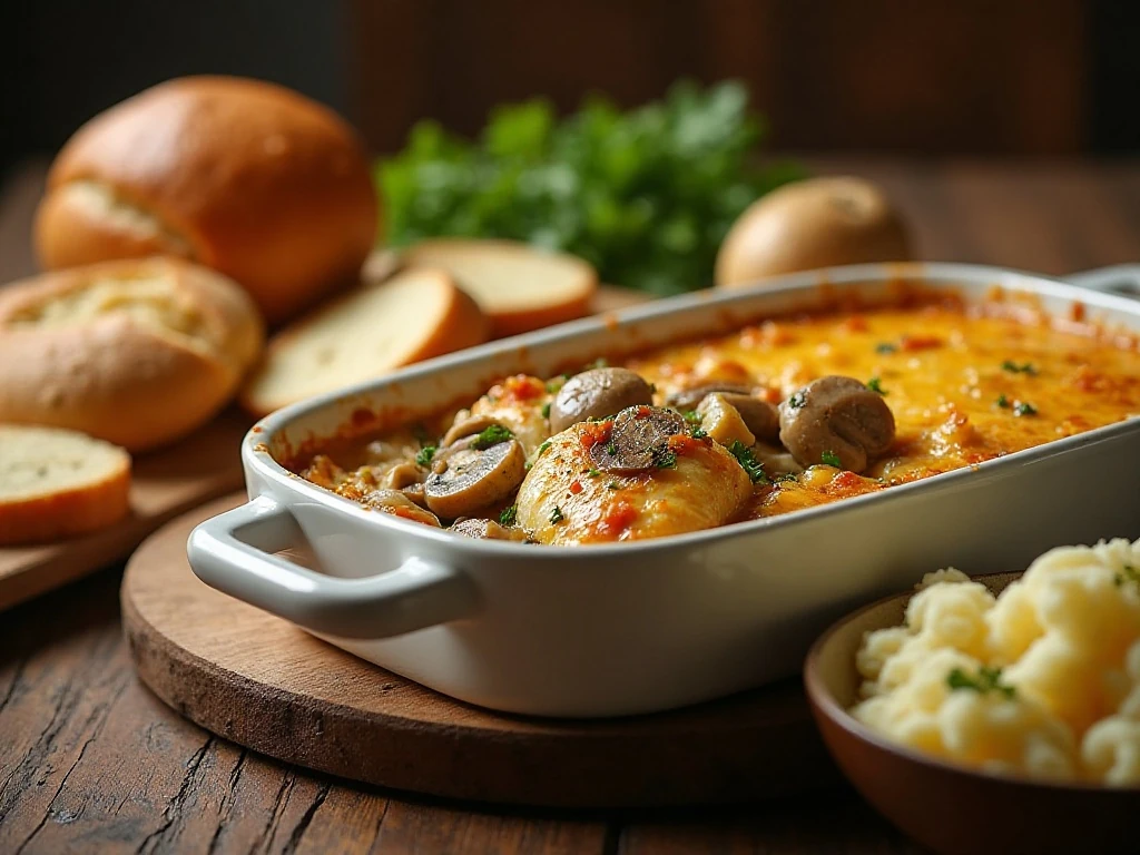 Garlic mushroom chicken casserole served with dinner side dishes