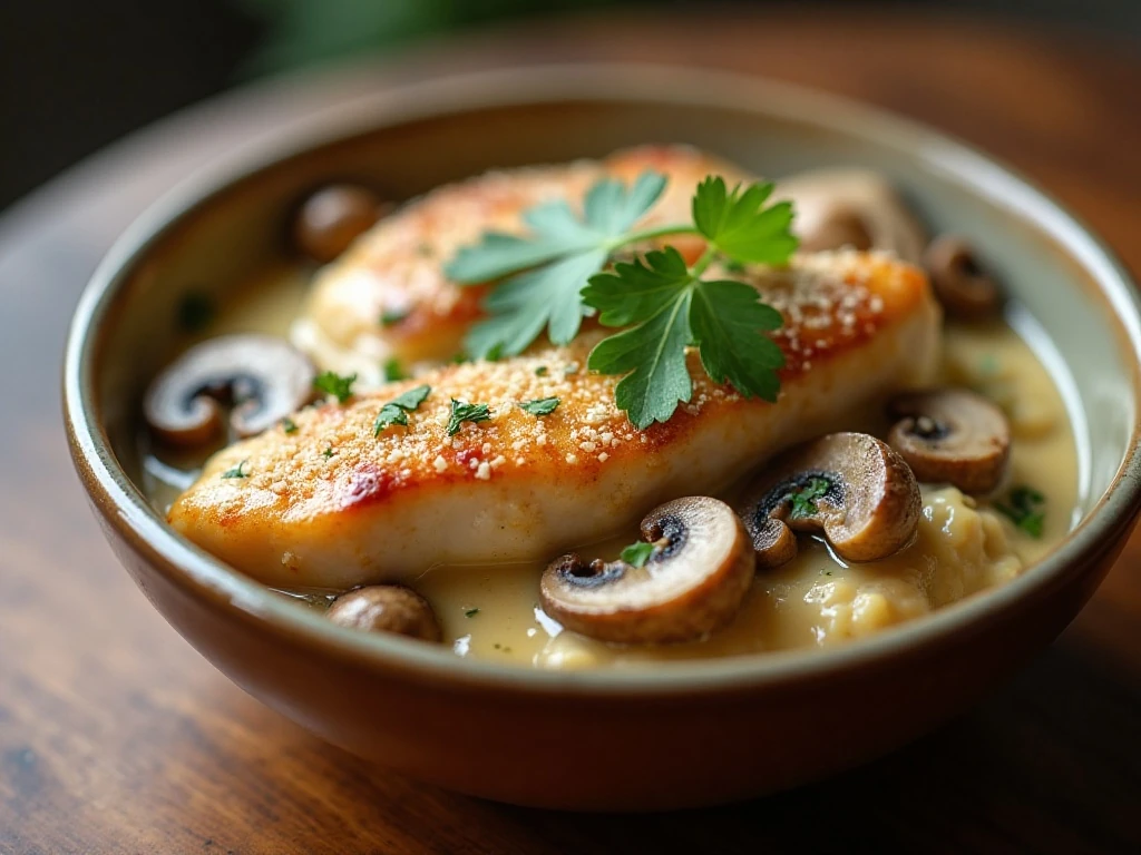 Reheated garlic mushroom chicken casserole with parsley and Parmesan