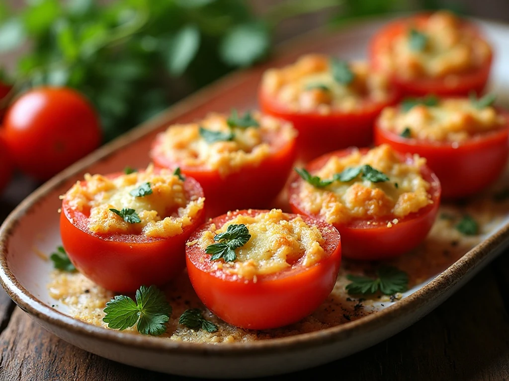 Golden garlic Parmesan baked tomatoes arranged on a serving platter
