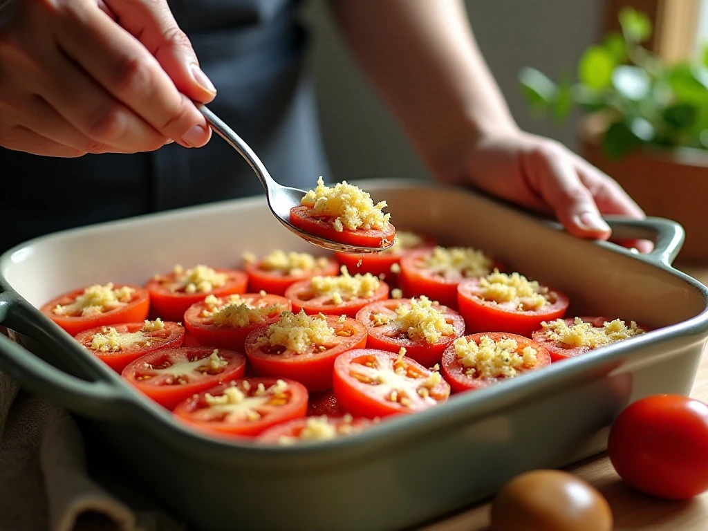 Adding garlic Parmesan topping to tomato halves before baking