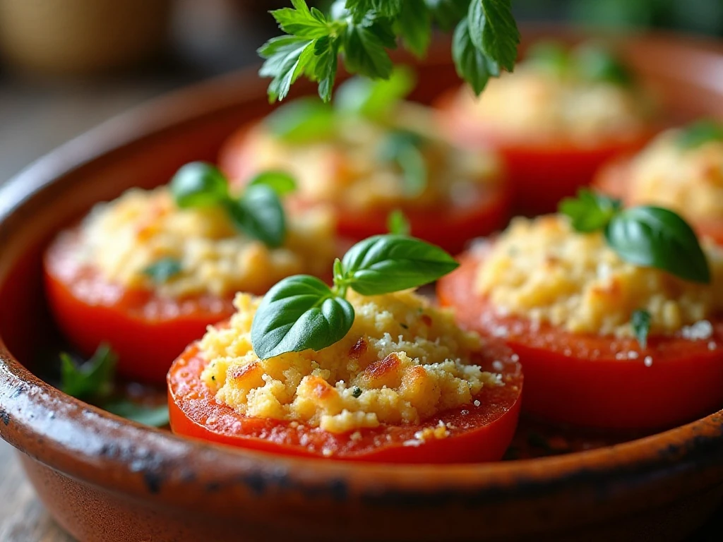 Fresh herbs garnishing baked tomatoes with Parmesan crust