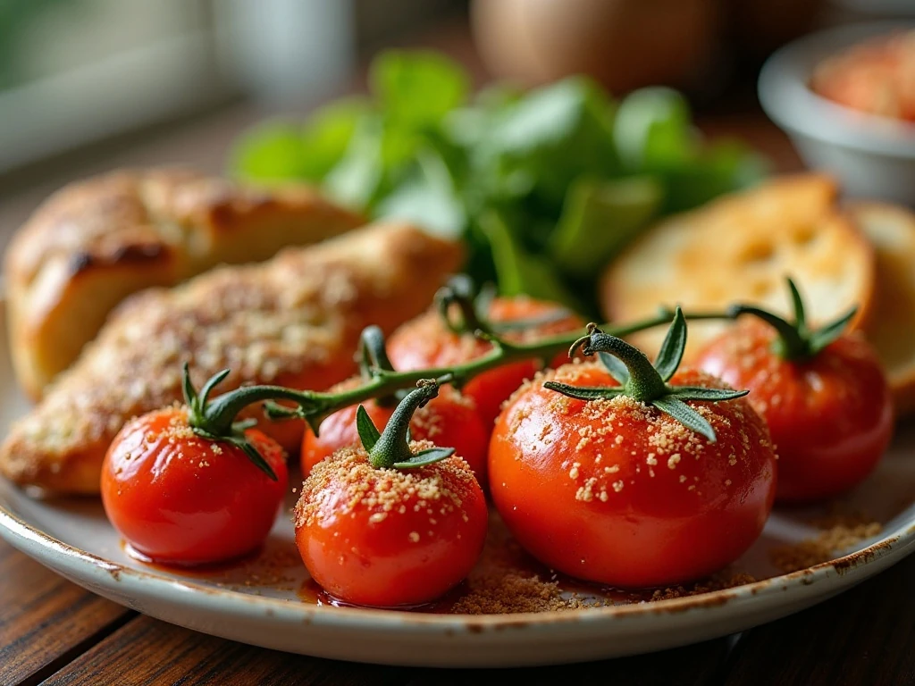 Garlic Parmesan baked tomatoes served as a colorful dinner side