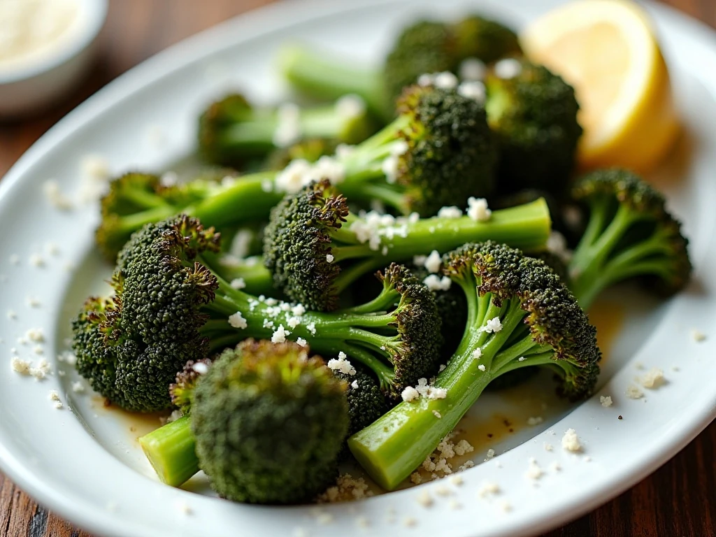 Roasted garlic Parmesan broccolini served on a white platter
