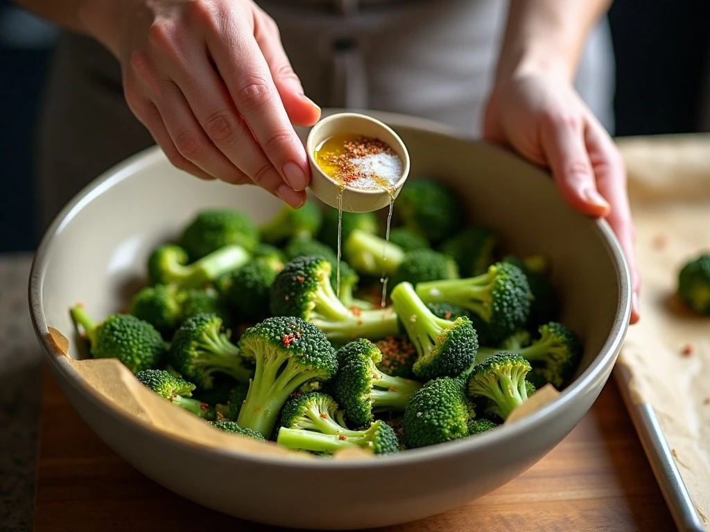 Broccolini being seasoned with garlic and olive oil before roasting