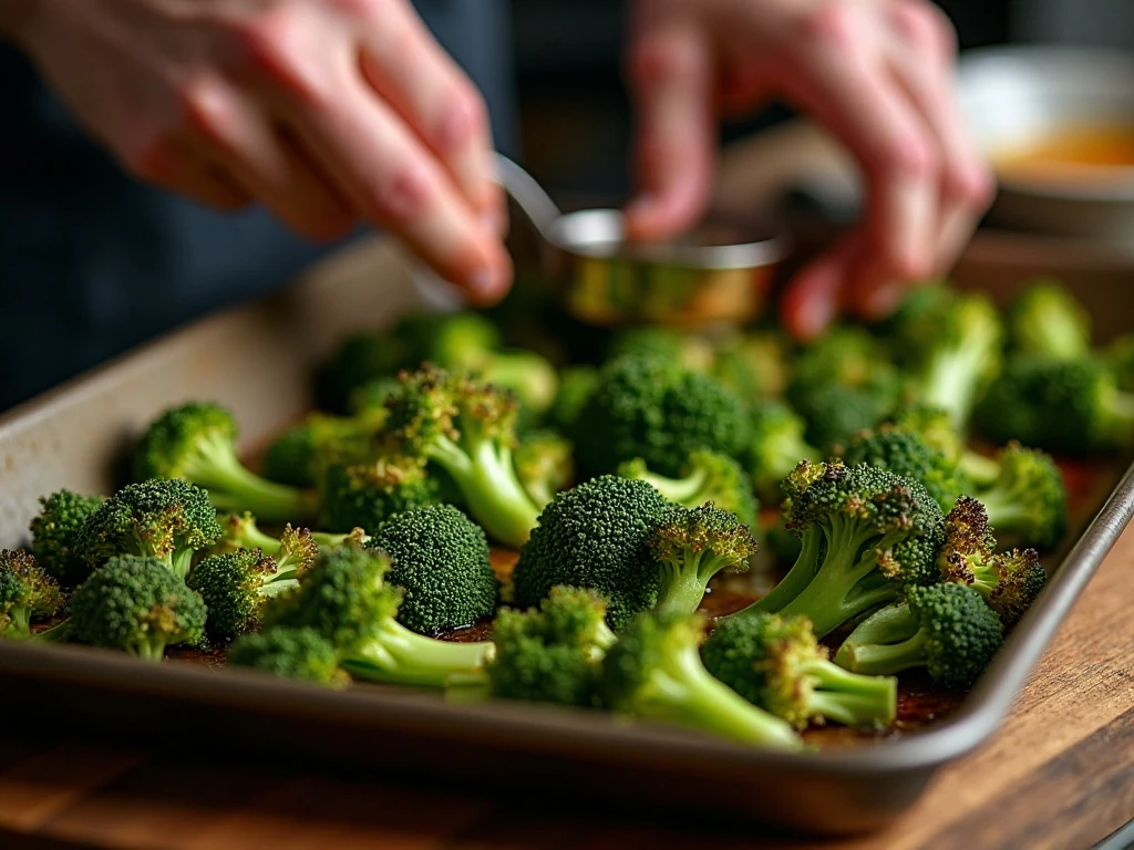 Uncrowded broccolini roasting on a baking sheet