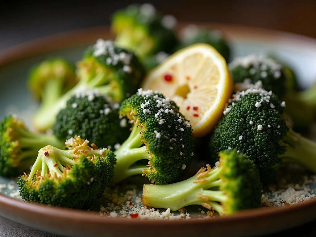 Parmesan, lemon, and red-pepper flakes finishing roasted broccolini