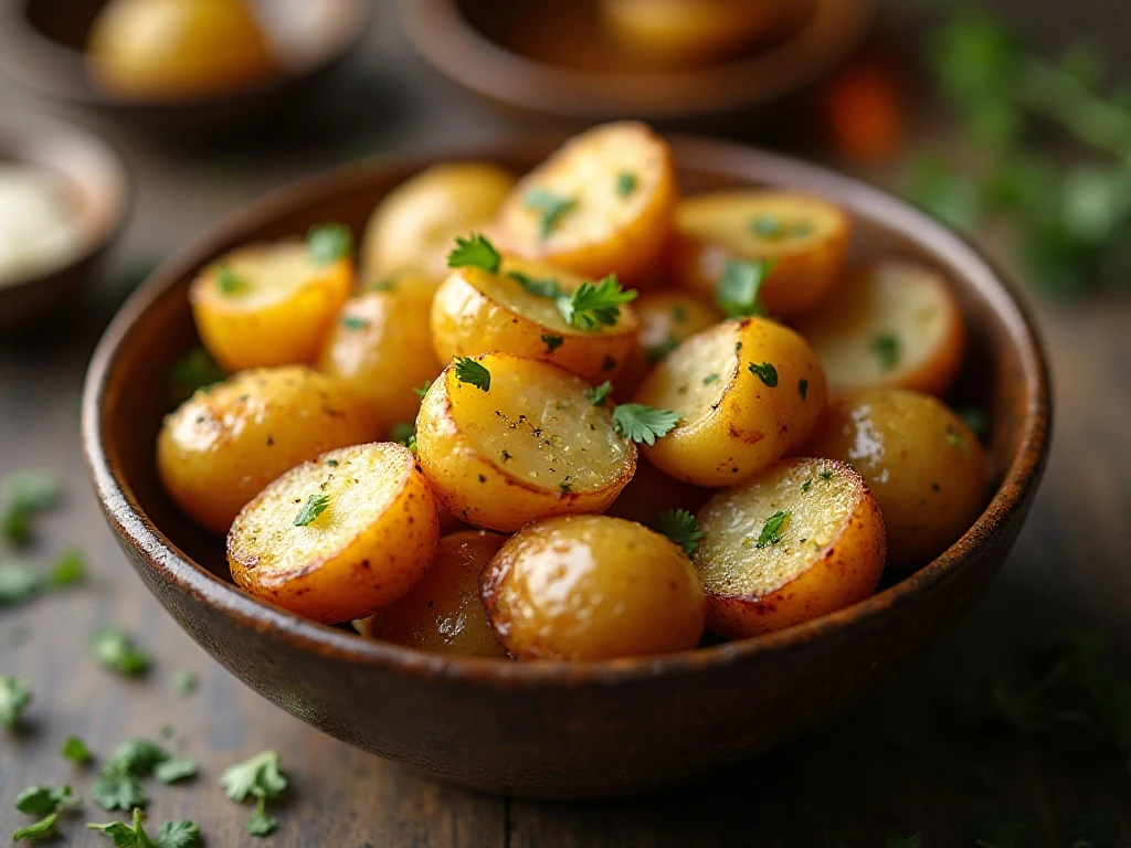 Golden garlic Parmesan butter roasted potatoes served in a bowl