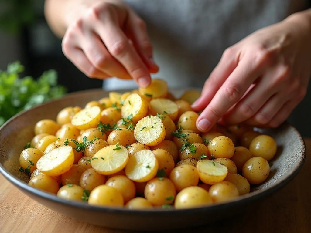 Tossing baby potatoes with garlic butter seasoning