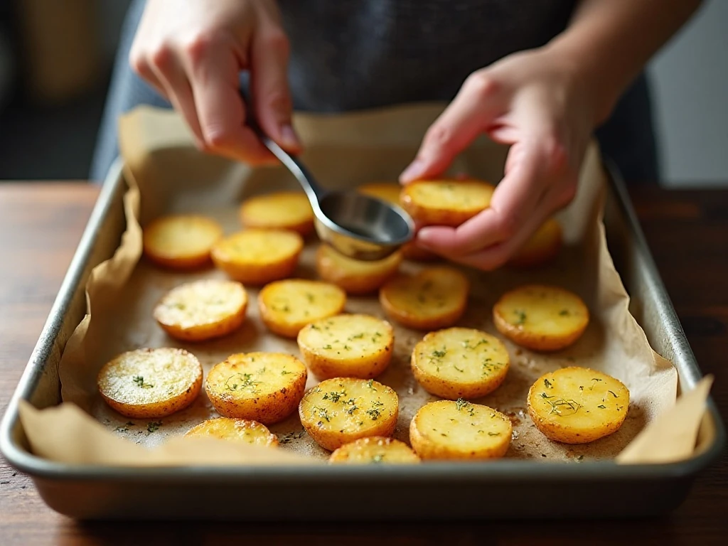 Baby potatoes spaced on a baking sheet before roasting
