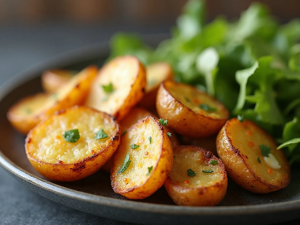 Crisp reheated garlic Parmesan roasted potatoes with salad