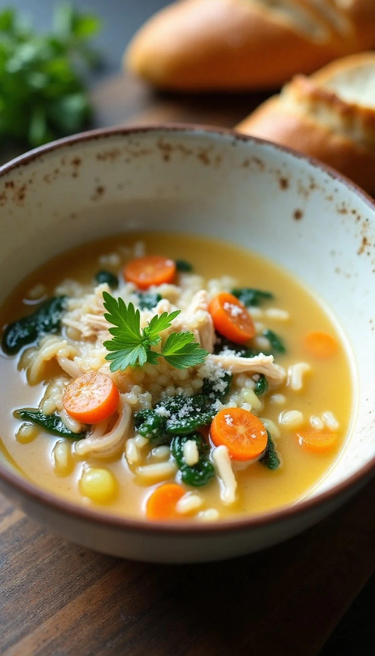 Creamy Garlic Parmesan Chicken Rice Soup with Spinach