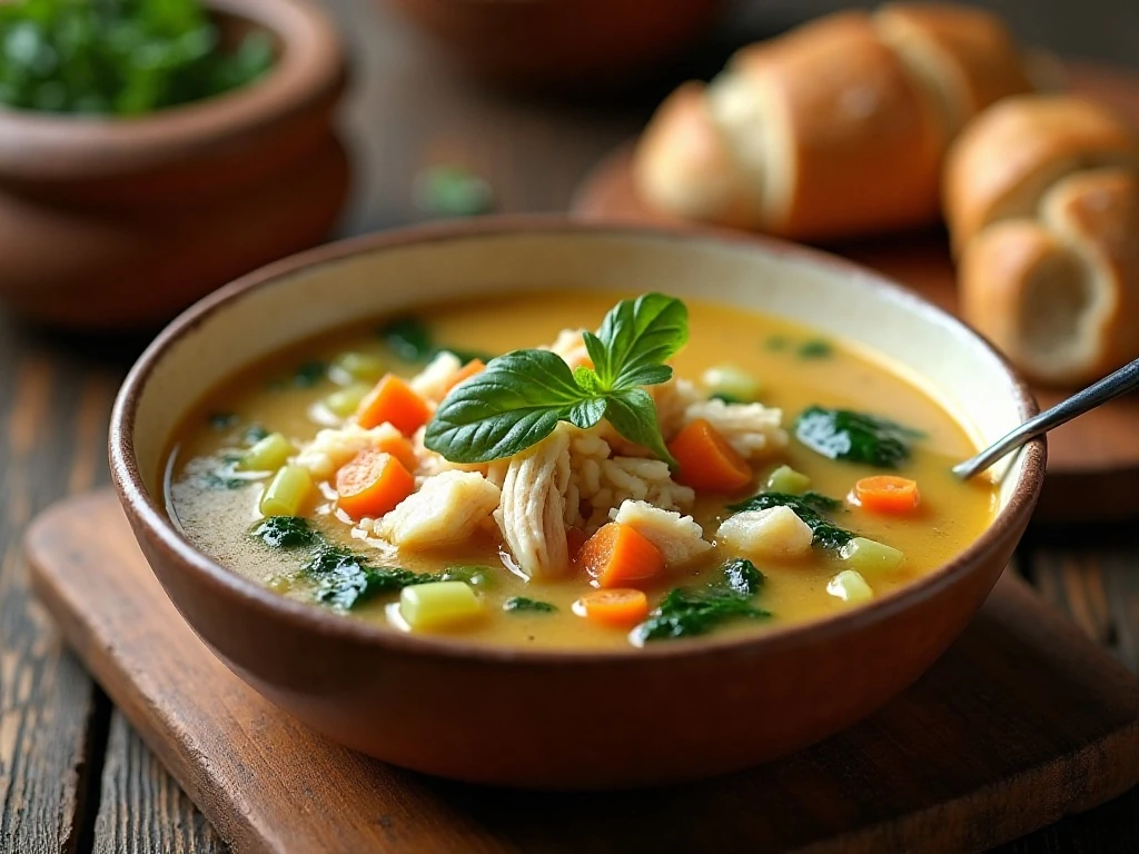 Creamy garlic Parmesan chicken rice soup with spinach served for dinner
