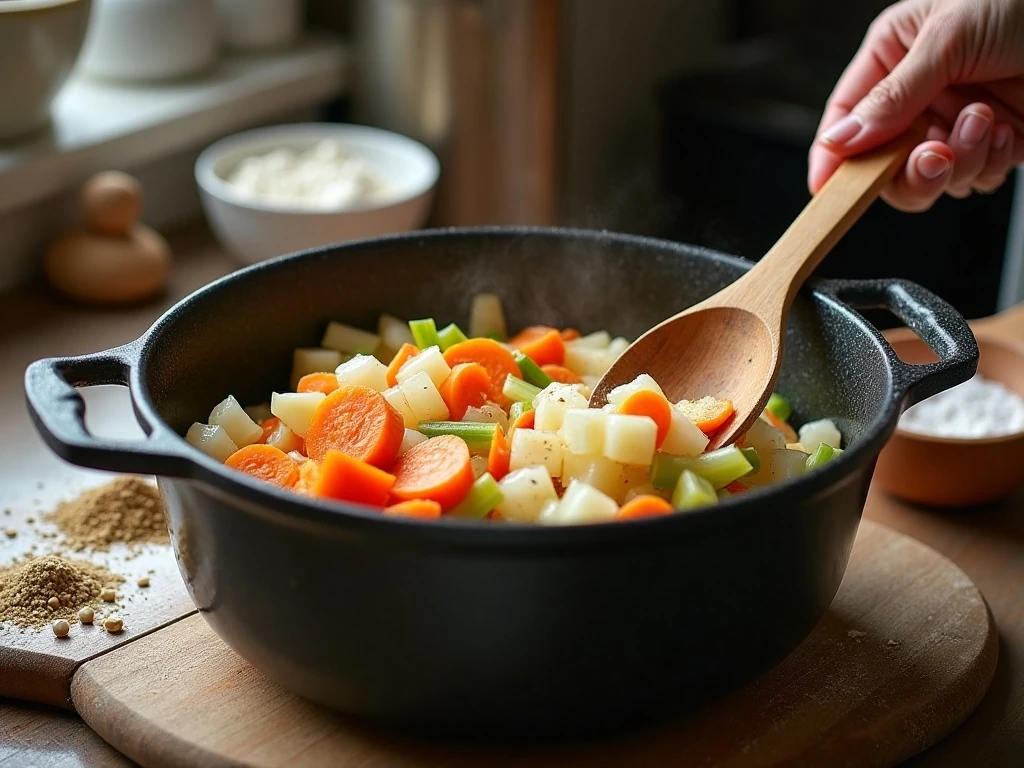 Cooking the vegetable and garlic base for creamy chicken rice soup