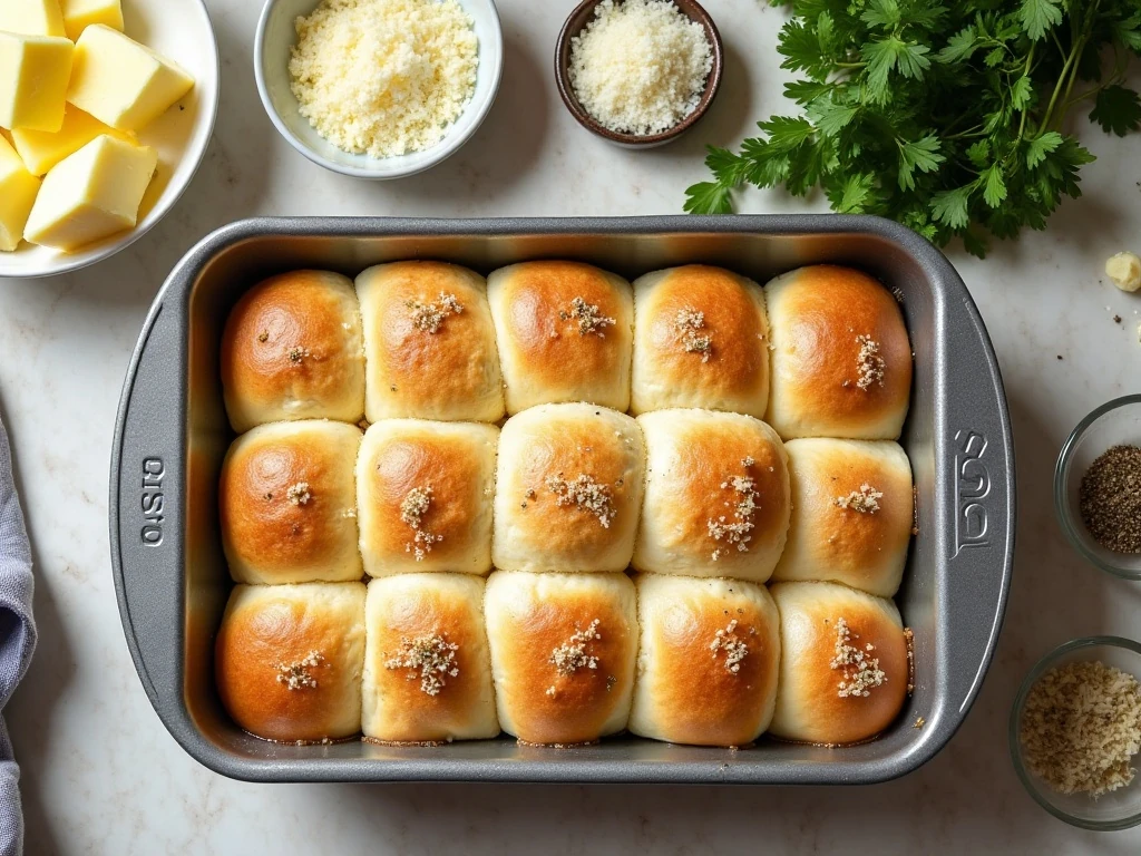 Ingredients for easy garlic Parmesan dinner rolls arranged beside a baking dish