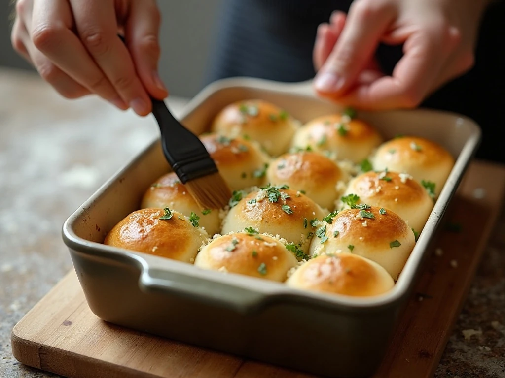Brushing garlic Parmesan butter over risen dinner rolls before baking