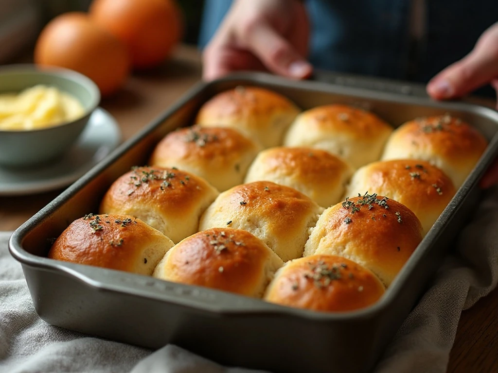 Freshly baked golden dinner rolls with garlic Parmesan topping