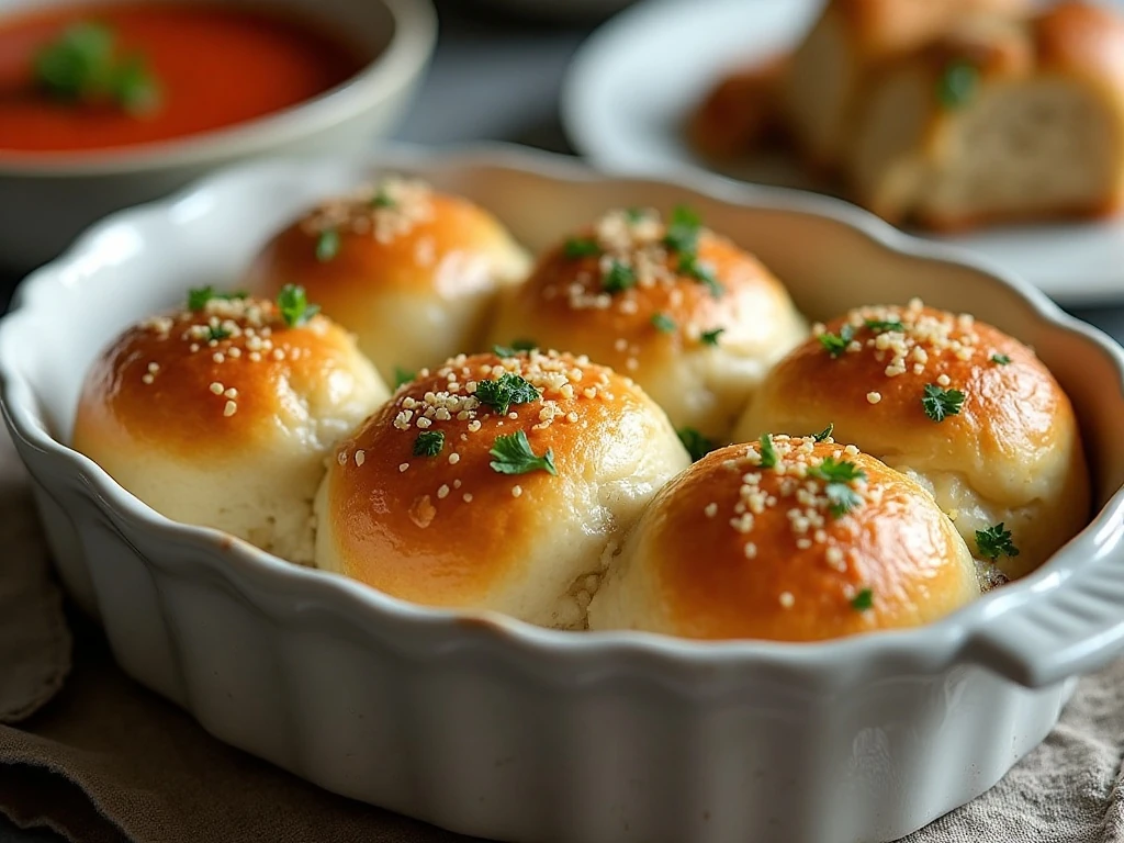 Warm garlic Parmesan dinner rolls served with soup for dinner