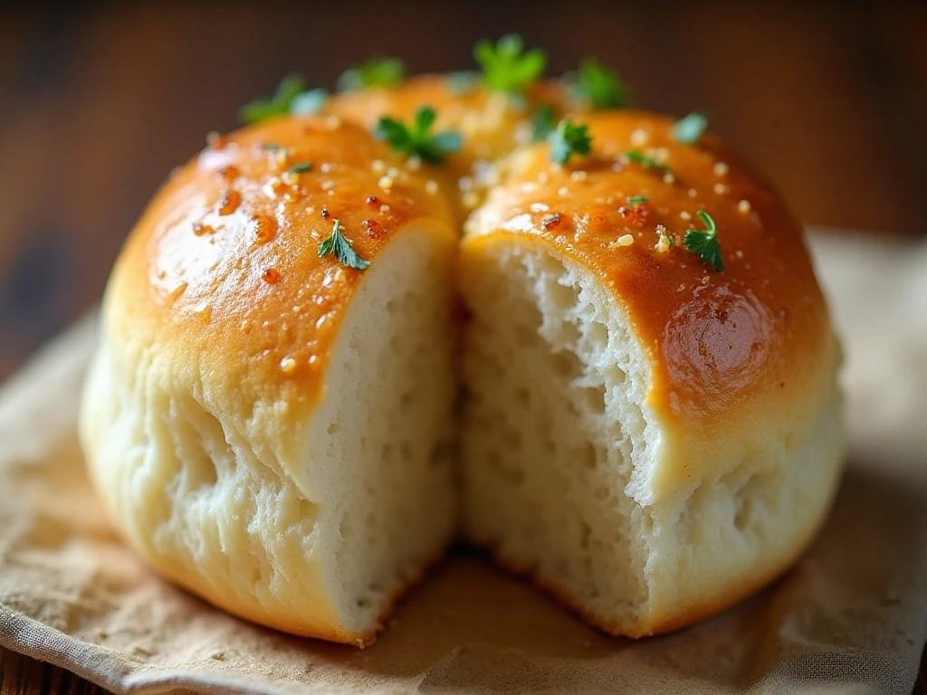 Close-up of the soft interior and Parmesan garlic topping on a dinner roll