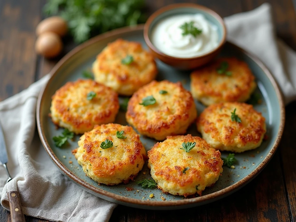Crispy garlic Parmesan mashed potato cakes served with sour cream and herbs