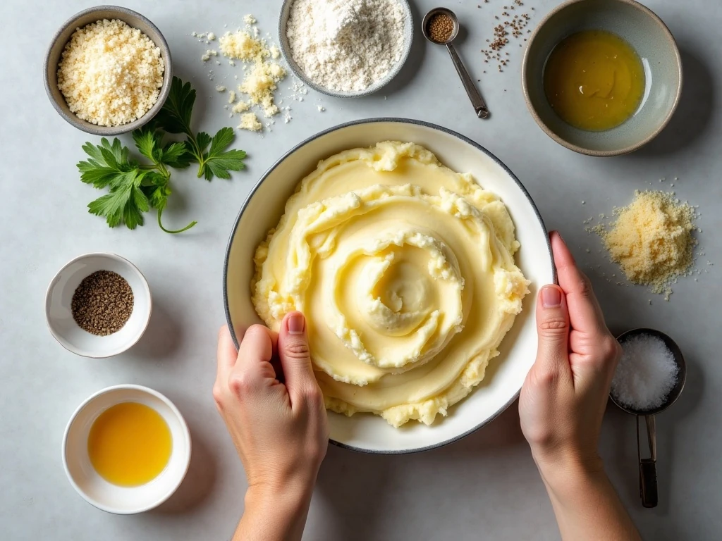 Ingredients for garlic Parmesan mashed potato cakes