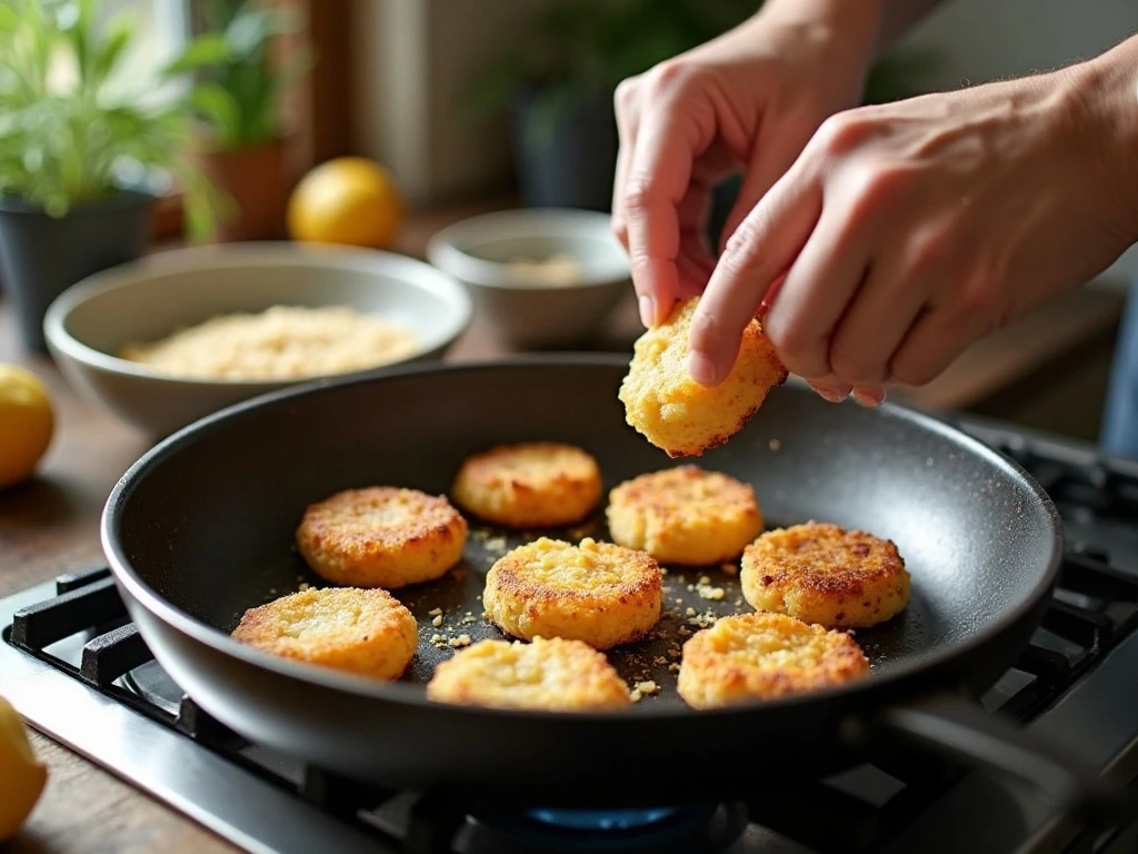 Preparing and coating mashed potato cakes before frying