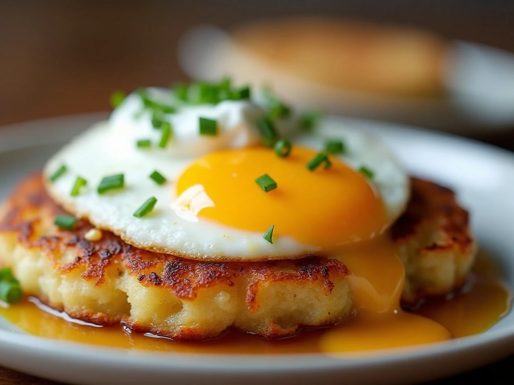 Mashed potato cake served with chives sour cream and a fried egg